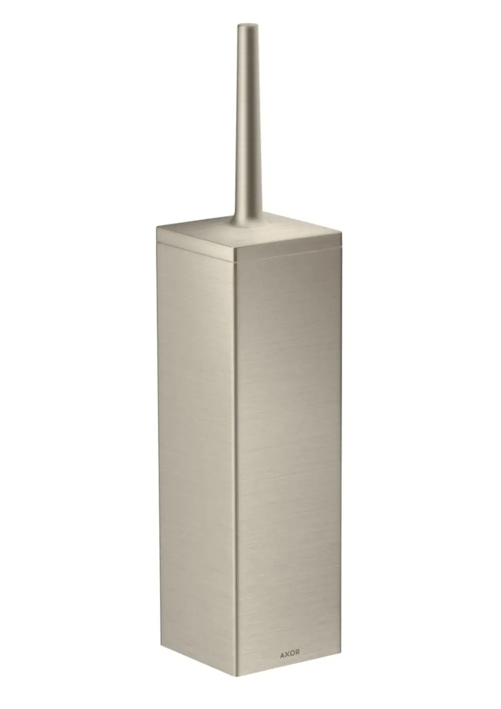 Toilettenbürstenhalter aus gebürstetem Nickel von AXOR, rechteckig und mit schmalem Griff, für die Wandmontage geeignet.